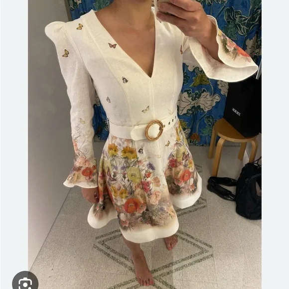 Zimmermann White Floral-Print Midi Dress with Belt - Picture 2 of 6